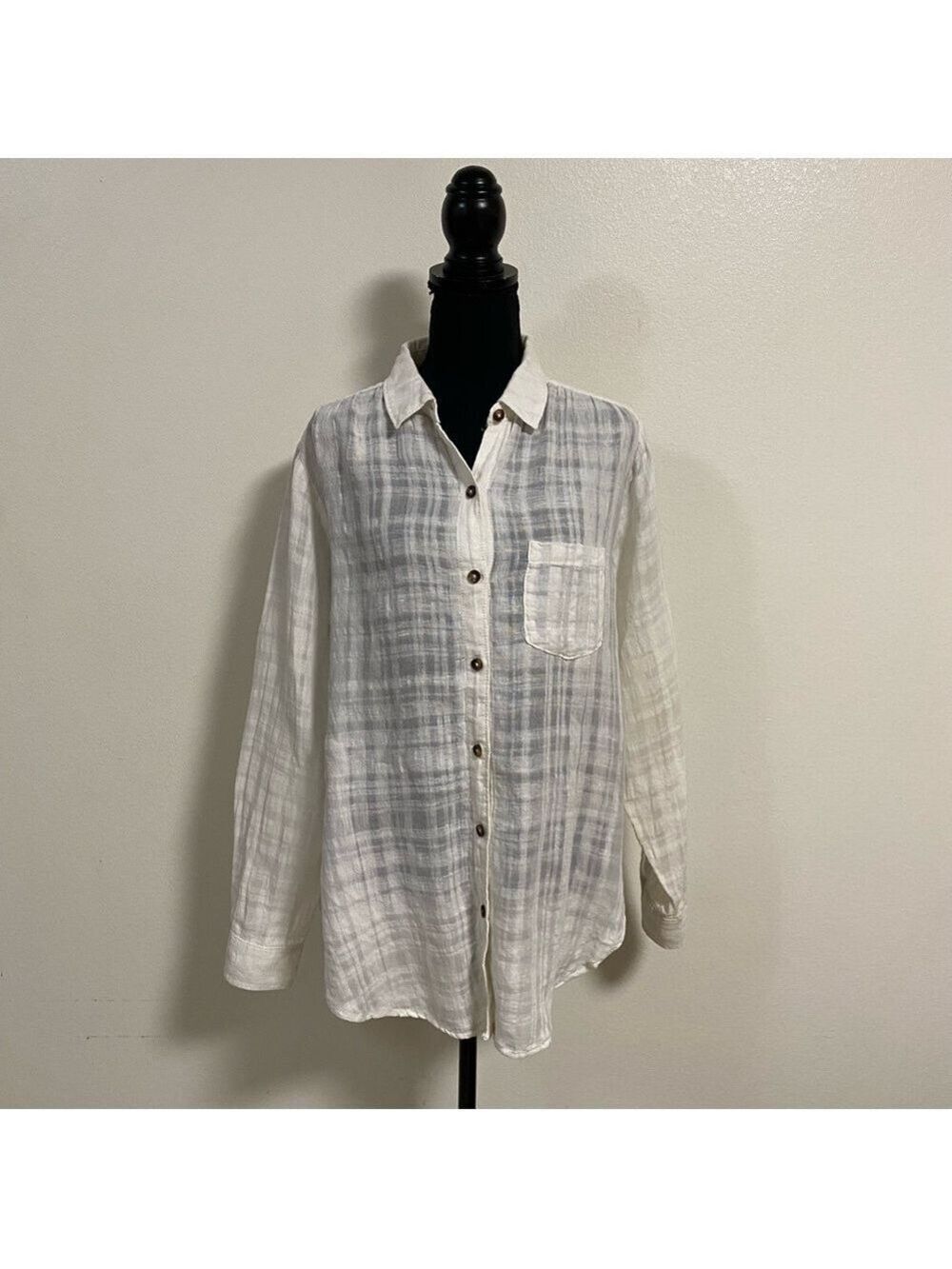 Pilcro Shirt Women’s Size 8 White Semi Sheer Gauzy Button up Shirt Linen Cotton